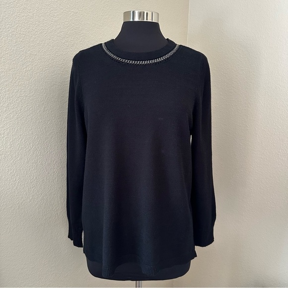 Chico’s Chain Detail Crew Neck Black Sweater - Picture 1 of 13